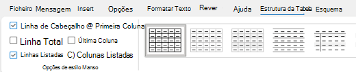 Opção cabeçalhos de tabela selecionado na faixa de opções no Outlook.