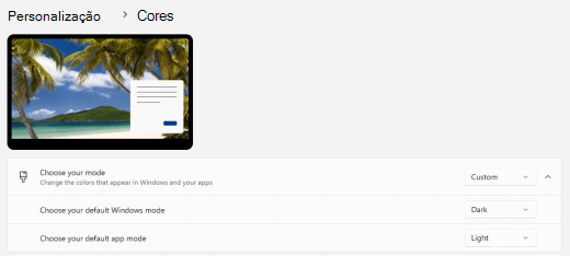 Modo de cor personalizado para Windows 11.