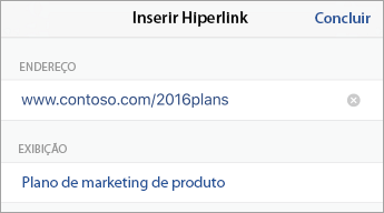 Comando Link, mostrando o URL (endereço) e o texto para exibição