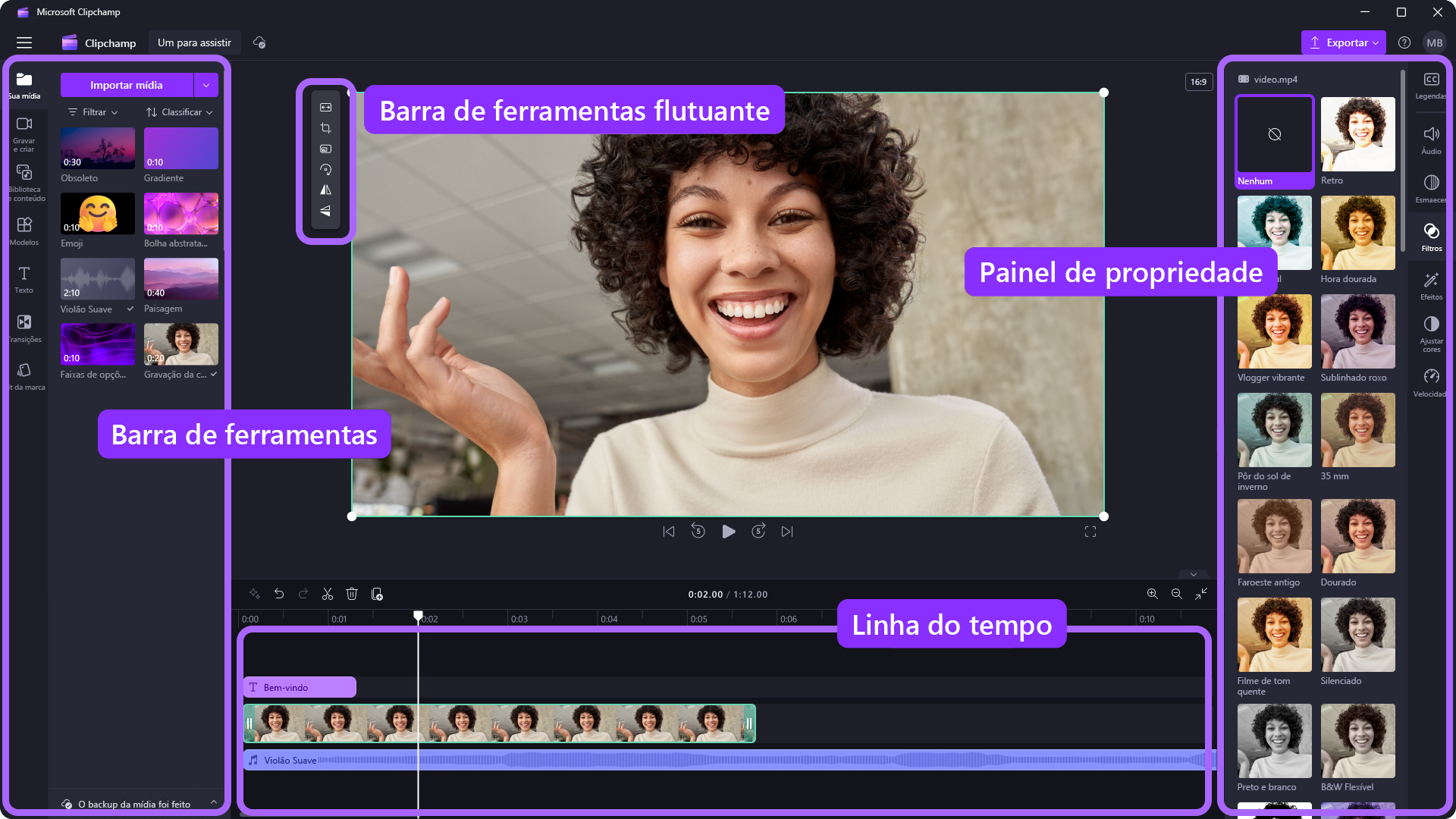 Uma imagem do editor explicada com rótulos.
