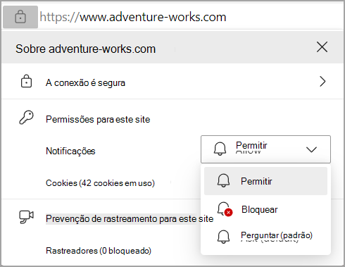 Imagem mostrando as permissões de Notificações na barra de endereços do navegador edges.