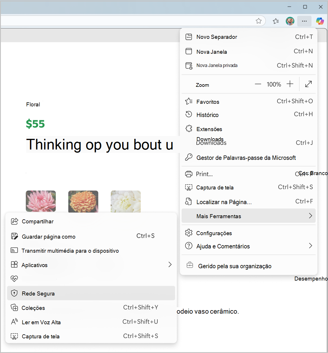 Captura de ecrã do menu Proteger Rede a partir de Definições e muito mais