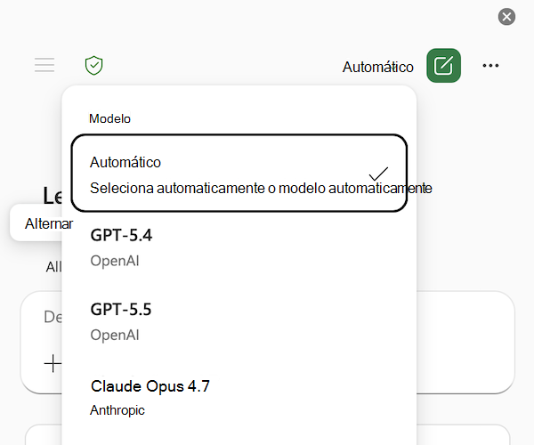 Captura de tela do menu seletor de modelos do Copilot no Excel, com Automático selecionado.