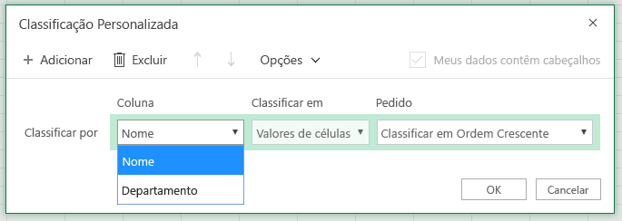 A caixa de diálogo de classificação personalizada com a coluna classificação por linha é selecionada na coluna Nome