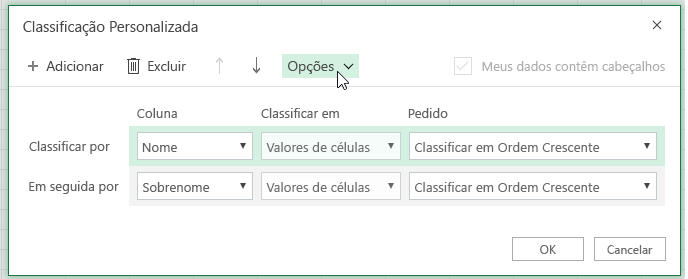 Caixa de diálogo de classificação personalizada com o botão de opção selecionado