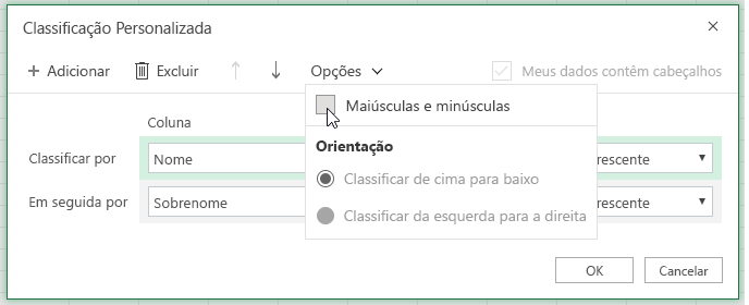 Ordenar caixa de diálogo personalizada quando a diferenciação de maiúsculas e minúsculas estiver selecionada.