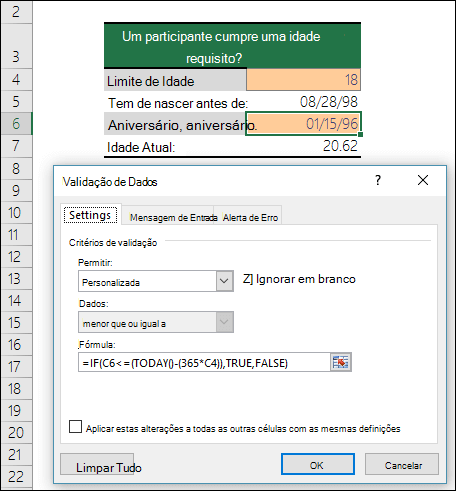 Exemplo de validação de dados para restringir uma entrada a uma idade mínima