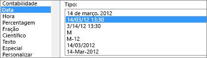 Caixa de diálogo Formatar Células, comando Data, tipo 14/03/12 13h30