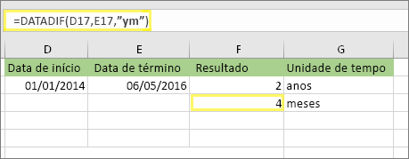 =DATEDIF(D17,E17,ym) e resultado: 4