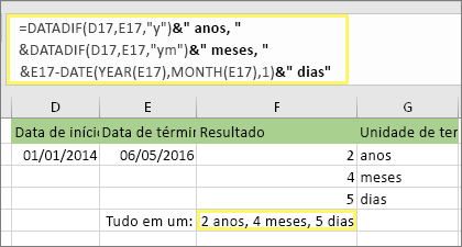 =DATEDIF(D17,E17,y)& anos, &DATEDIF(D17,E17,ym)& meses, &DATEDIF(D17,E17,md)& dias e resultado: 2 anos, 4 meses, 5 dias