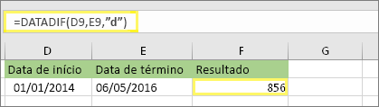 =DATEDIF(D9,E9,d) com resultado de 856