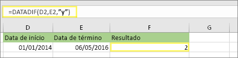 =DATEDIF(D2,E2,y) e resultado: 2
