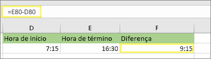 =E80-D80 e resultado: 9:15 AM