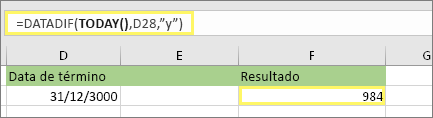 =DATEDIF(TODAY(),D28,y) e resultado: 984