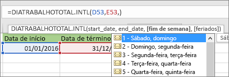 Lista Intellisense mostrando 2 - Domingo, Segunda-feira; 3 - segunda, terça e assim sucessivamente