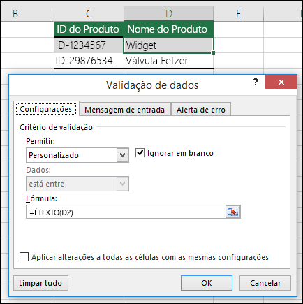 Exemplo 2: Fórmulas na validação de dados