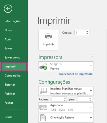 Clique em Arquivo > e Imprimir para visualizar a planilha