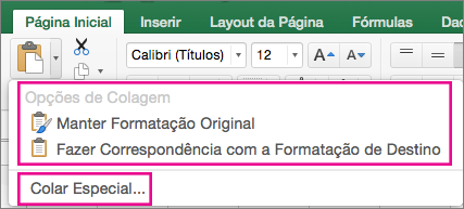 Menu Colar, mostrando opções e Colar Especial