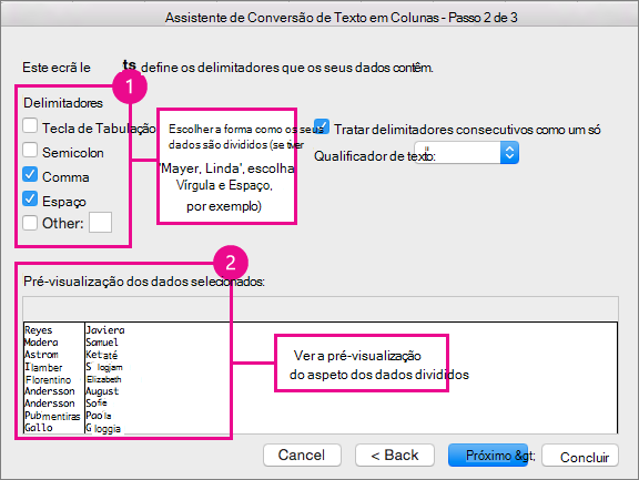 Etapa 2 do assistente, em Delimitadores, escolha como seus dados são divididos; em Visualização, você pode acessar uma visualização dos seus dados