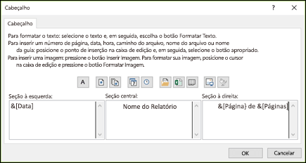 Caixa de diálogo de Cabeçalho personalizado Configuração de página