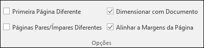 Opções de cabeçalho e rodapé na guia Design na faixa de opções