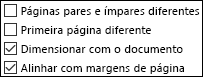 Opções de cabeçalho e rodapé na caixa de diálogo Configurar página