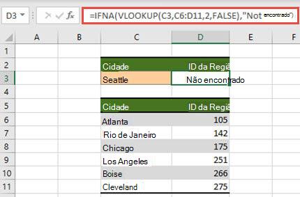 Imagem do uso de IFNA com VLOOKUP para evitar que erros de #N/A sejam exibidos.