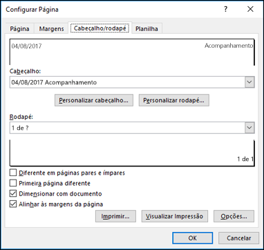 Configuração da > Página Opções cabeçalho e rodapé
