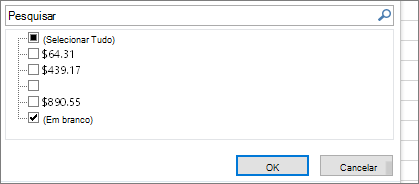 Menu Filtrar com a caixa de verificação Selecionar tudo desmarcada, caixa de verificação (Em Branco) selecionada