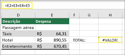 Célula H4 com =E2+E3+E4+E5 e resultado de #VALUE!
