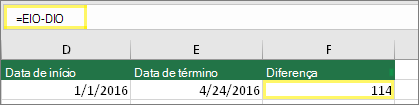 Célula D10 com 1/1/2016, Célula E10 com 24/04/2016, Célula F10 com fórmula: =E10-D10 e resultado de 114
