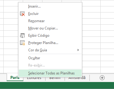 No menu de atalho, a opção Selecionar Todas as Planilhas foi selecionada.