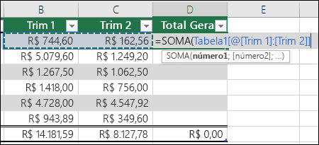 Adicionar uma única fórmula em uma célula de tabela que será automatizada para criar uma coluna calculada