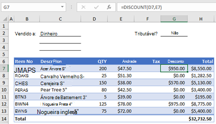 Formulário de pedido de exemplo com uma função personalizada