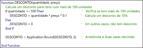 Exemplo de uma função VBA com Comentários