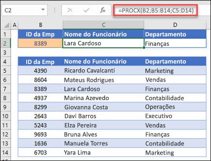 Exemplo da função PROCX utilizada para devolver um Nome de Funcionário e Departamento com base no IDt do Funcionário. A fórmula é: =PROCX(B2;B5:B14;C5:D14;0;1)