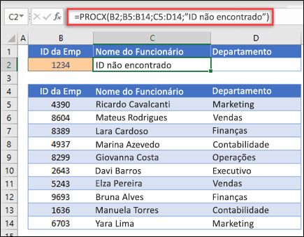 Exemplo da função PROCX utilizada para devolver um Nome de Funcionário e Departamento com base no ID do Funcionário com o argumento if_not_found. A fórmula é =PROCX(B2;B5:B14;C5:D14;0,1;Funcionário não encontrado)