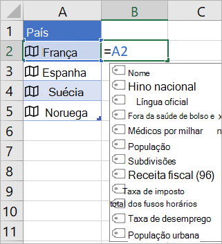 A célula A2 contém a França; A célula B2 contém =A2. e o menu de autocompletar fórmula aparece com campos do registro vinculado