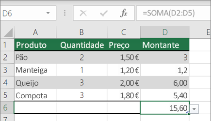 Um exemplo de uma função SOMA com um intervalo com nome