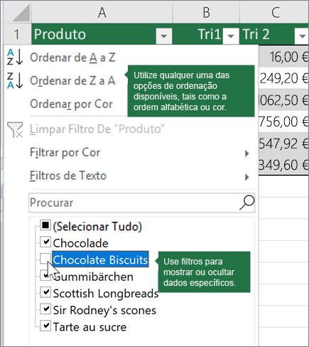 Classificar ou aplicar um filtro à tabela