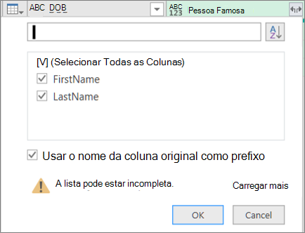 Clicando em Expandir para uma coluna de registro estruturada