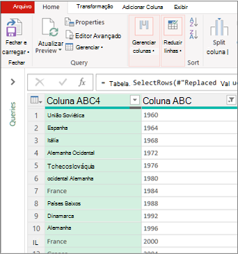 Uma exibição Editor do Power Query típica