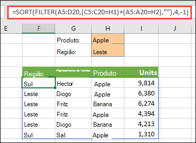FILTRO e CLASSIFICAR juntos - Filtrar por produto (Maçã) OU por região (Leste)