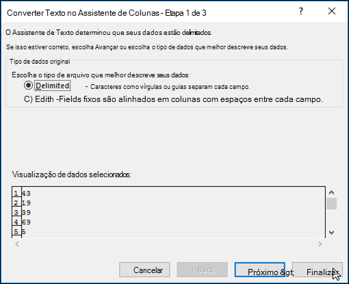Imagem da caixa de diálogo Texto de Dados > para Colunas