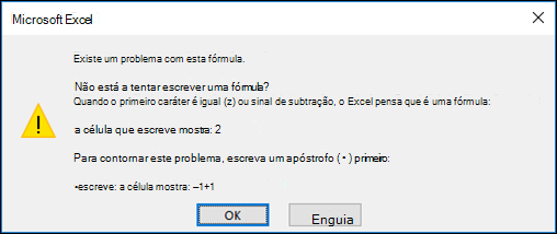Imagem da caixa de diálogo Problema do Excels com esta fórmula