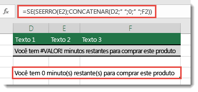 As funções SE e ÉERROS usaram como uma solução alternativa para concatenar uma cadeia de caracteres com o erro #VALOR!