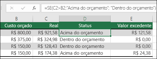 A fórmula na célula D2 é =SE(C2>B2,Acima do orçamento,Dentro do orçamento)
