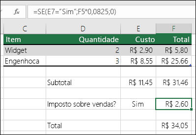 A fórmula na célula F7 é SE(E7=Sim,F5*0,0825,0)