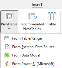 Insira o menu suspenso da Tabela Dinâmica mostrando a partir da opção Power BI.
