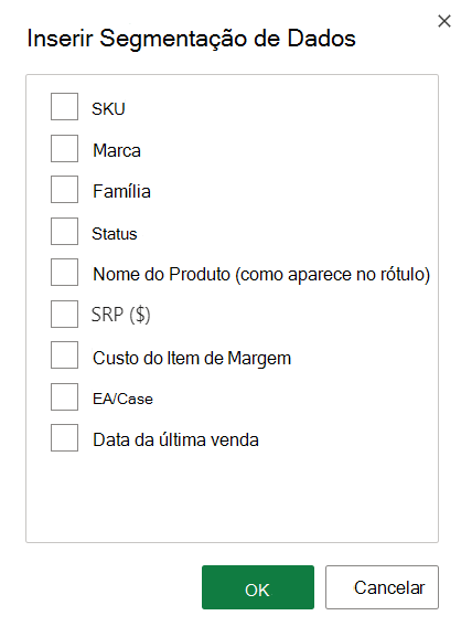 Captura de tela das opções Inserir Segmentação.